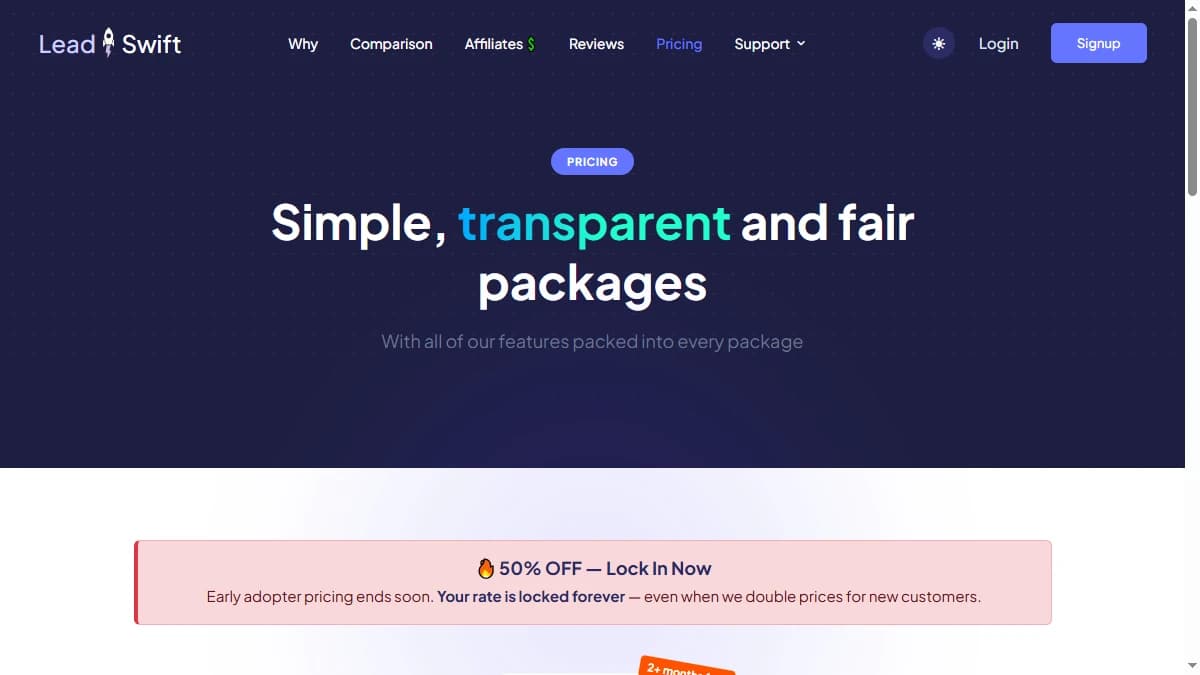 LeadSwift pricing page 2026 — Starter $24.99, Professional $49.99, Agency $99.99 per month by searches/day