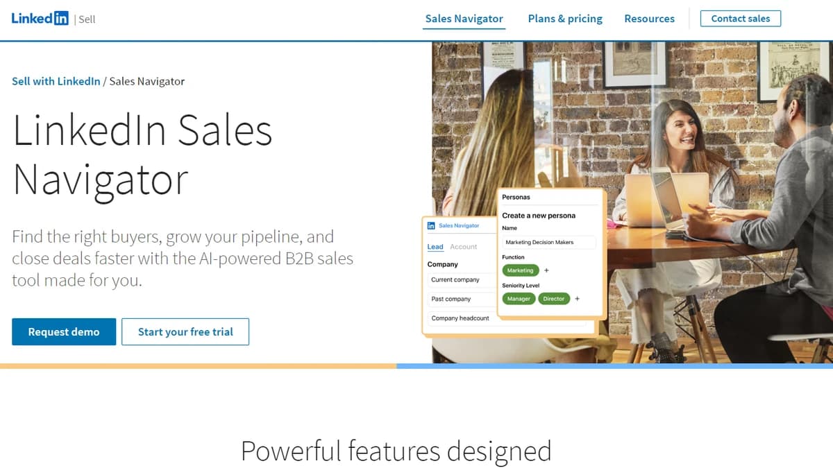 LinkedIn Sales Navigator landing page showing the headline Find the right buyers, grow your pipeline, and close deals faster with the AI-powered B2B sales tool made for you