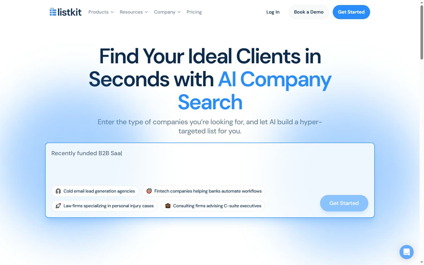 ListKit homepage — B2B lead generation platform with AI search and triple verification