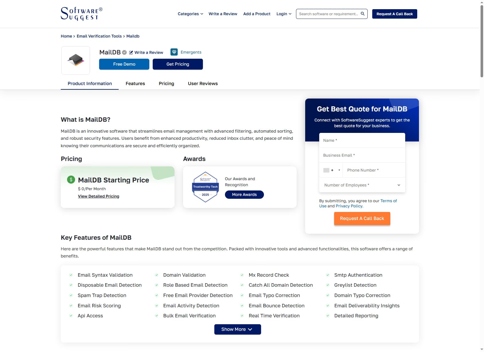 MailDB pricing page — subscription plans and request tiers for email discovery 2026