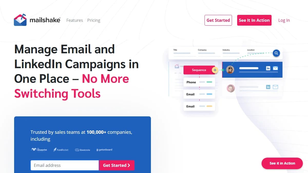 Mailshake homepage showing email sequences, phone dialer, and LinkedIn automation for cold outreach teams