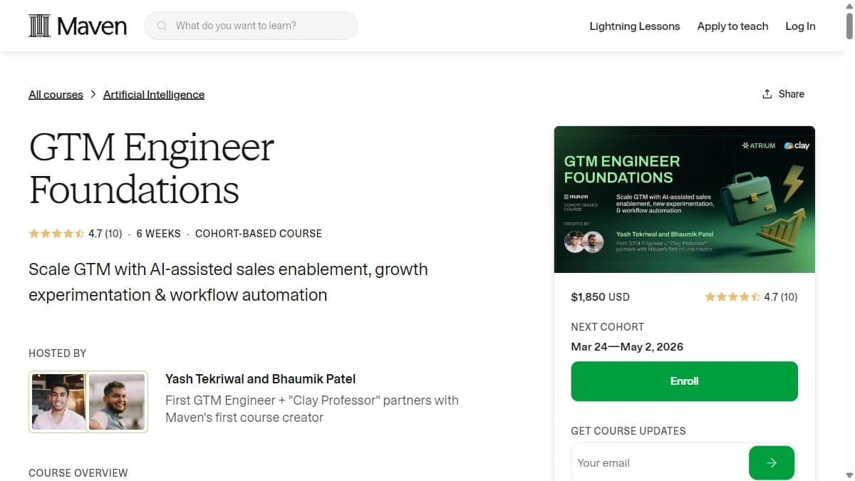 Maven GTM Engineer Foundations course page — GTM engineering cohort by Yash Tekriwal and Bhaumik Patel