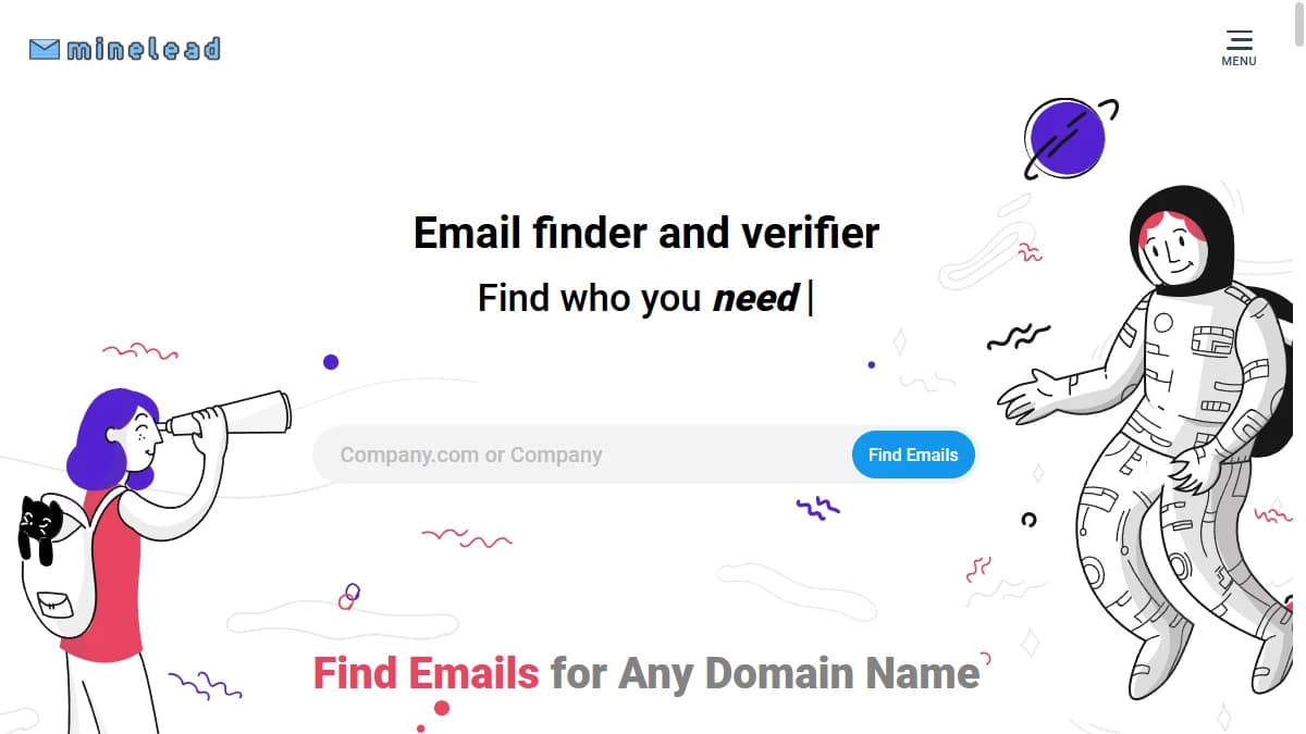 Minelead homepage 2026 — free email finder and verifier for B2B prospecting