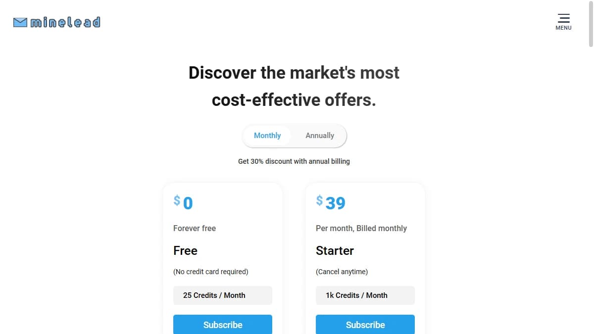 Minelead pricing page 2026 — Free, Starter, Pro, Business, and Enterprise credit plans