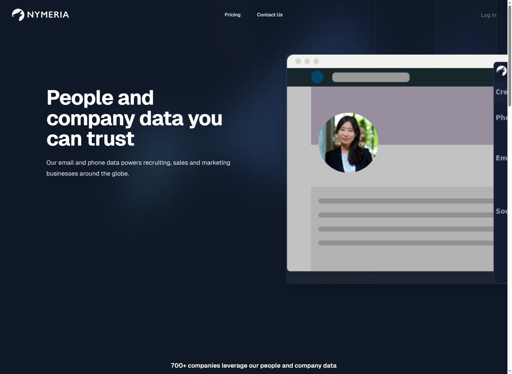 Nymeria homepage 2026 — people and company data with email, phone, and social links for recruiting and sales teams