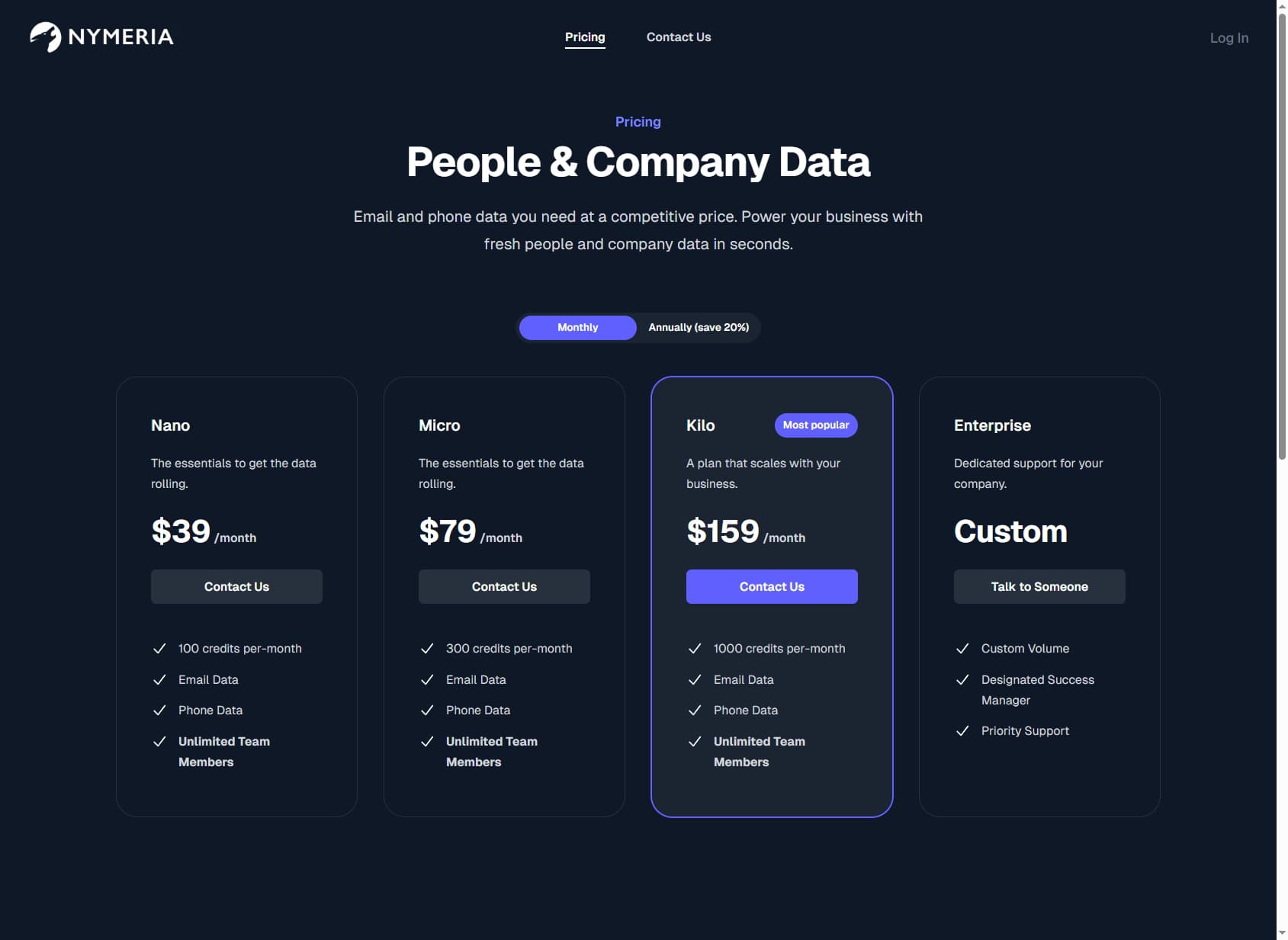 Nymeria pricing page 2026 — Nano, Micro, Kilo, and Enterprise credit plans