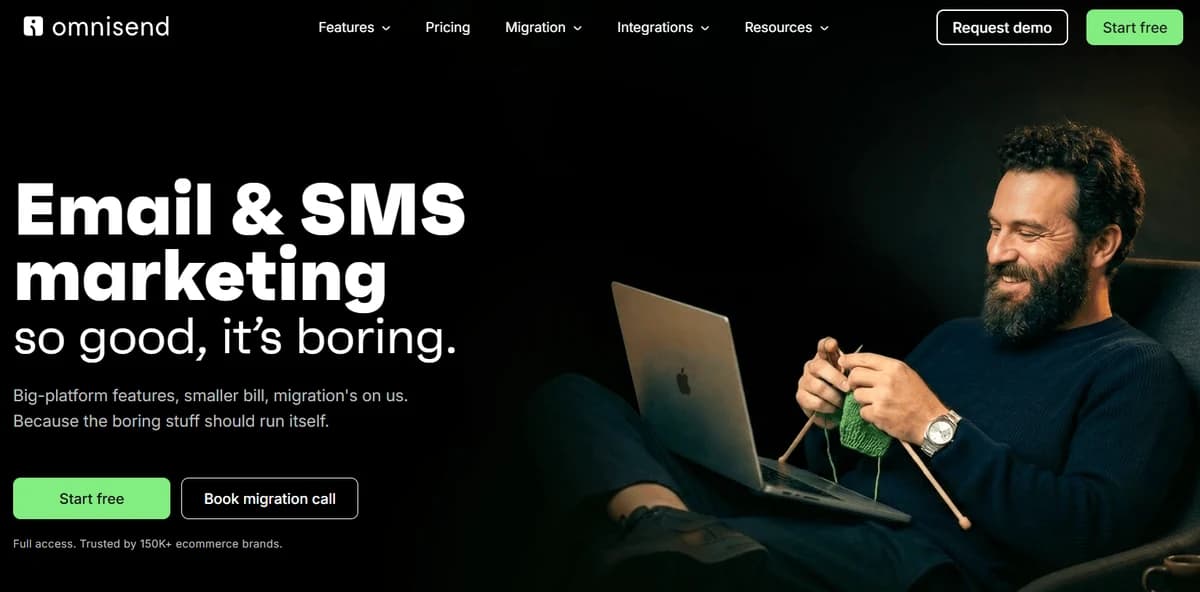 Omnisend AI email marketing software homepage — AI copywriting, send-time optimization, and behavioral segmentation for ecommerce stores
