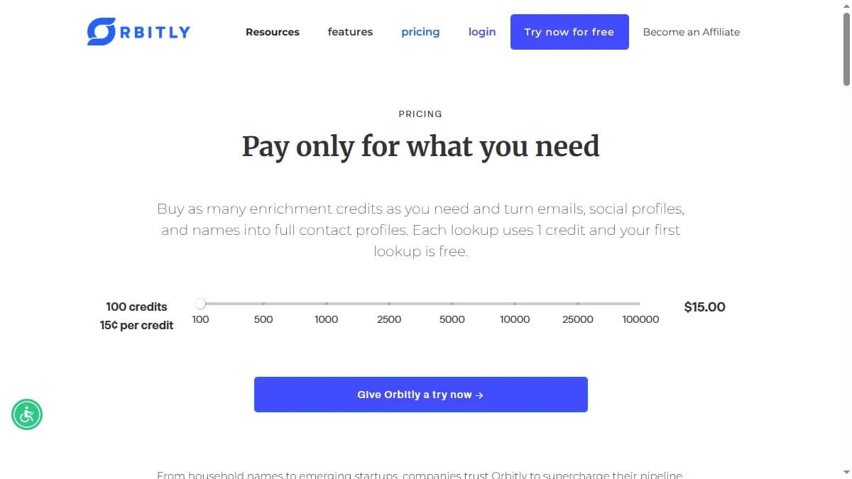 Orbitly pricing page showing pay-as-you-go credit-based pricing at $0.15 per credit