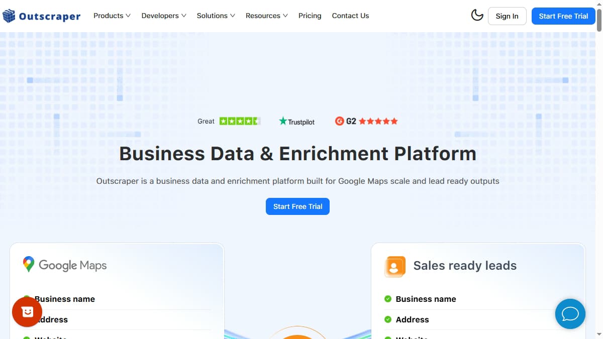 Outscraper homepage — business data and enrichment platform for Google Maps scale, Outscraper review 2026