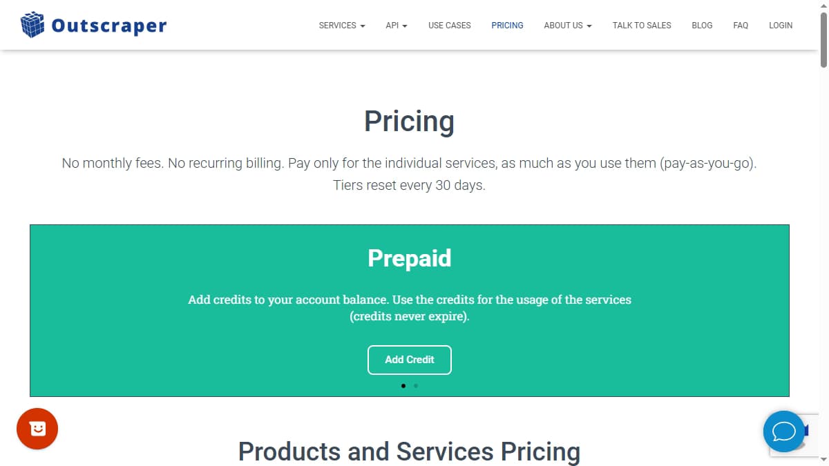 Outscraper pricing page 2026 — pay-as-you-go, no monthly fees, prepaid credits never expire
