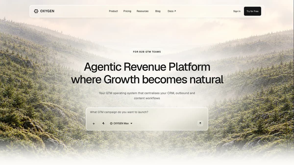 OXYGEN homepage at oxygen-agent.com showing Agentic Revenue Platform for B2B GTM teams — Oxygen Agent alternatives 2026