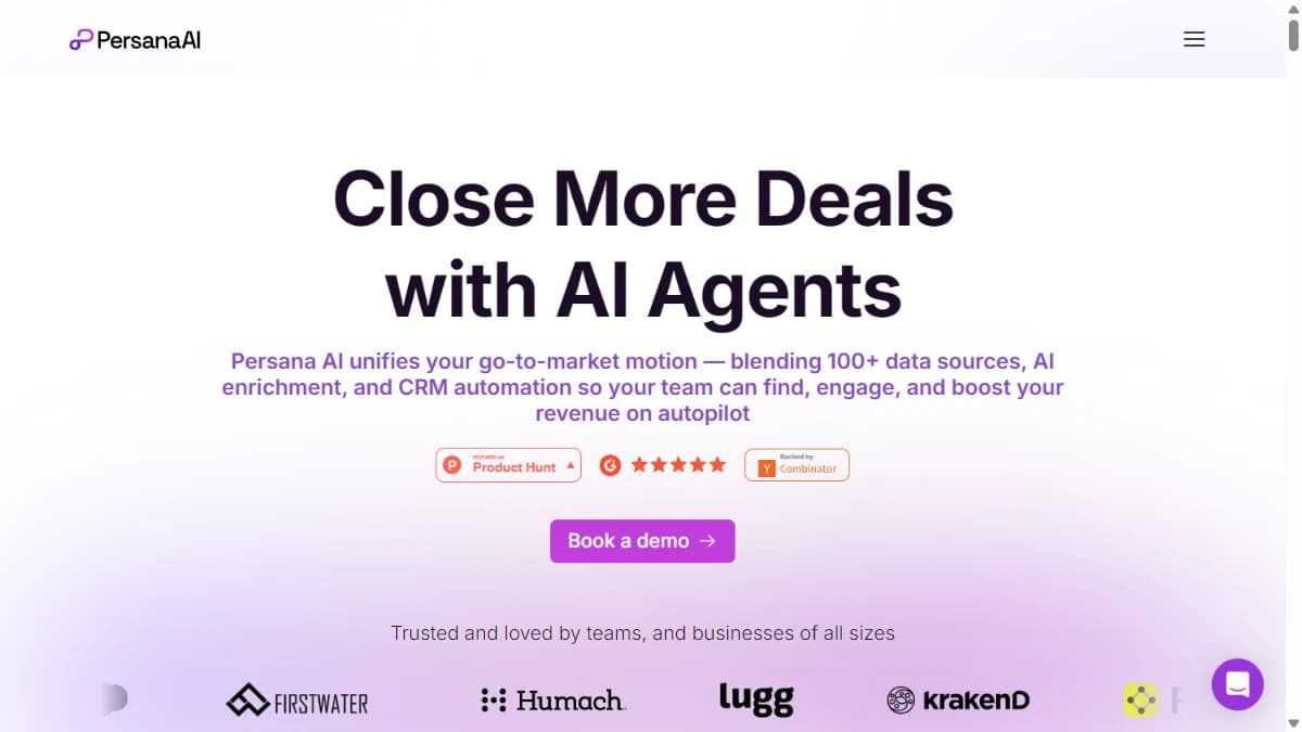 Persana.ai homepage showing AI-powered sales prospecting platform with waterfall enrichment and signal detection