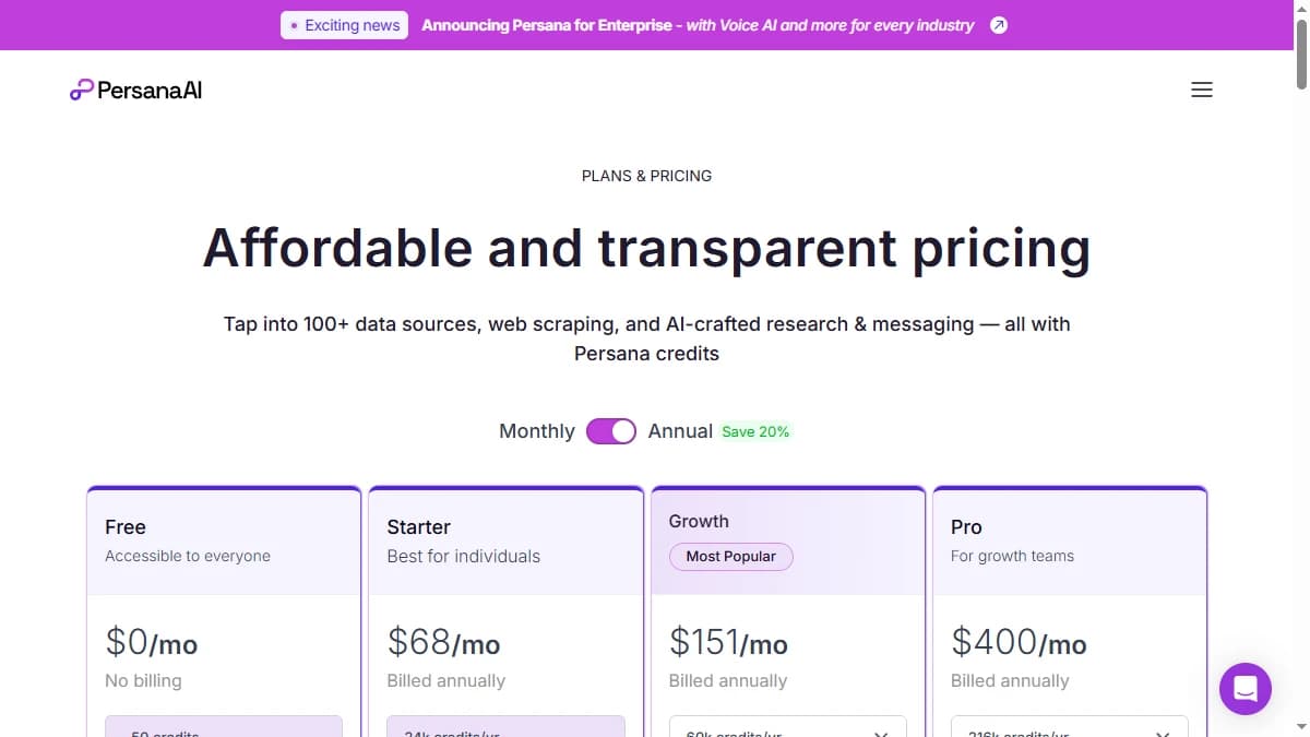 Persana.ai pricing page showing Free, Starter at $85/mo, Growth at $189/mo, and Pro at $350/mo plans