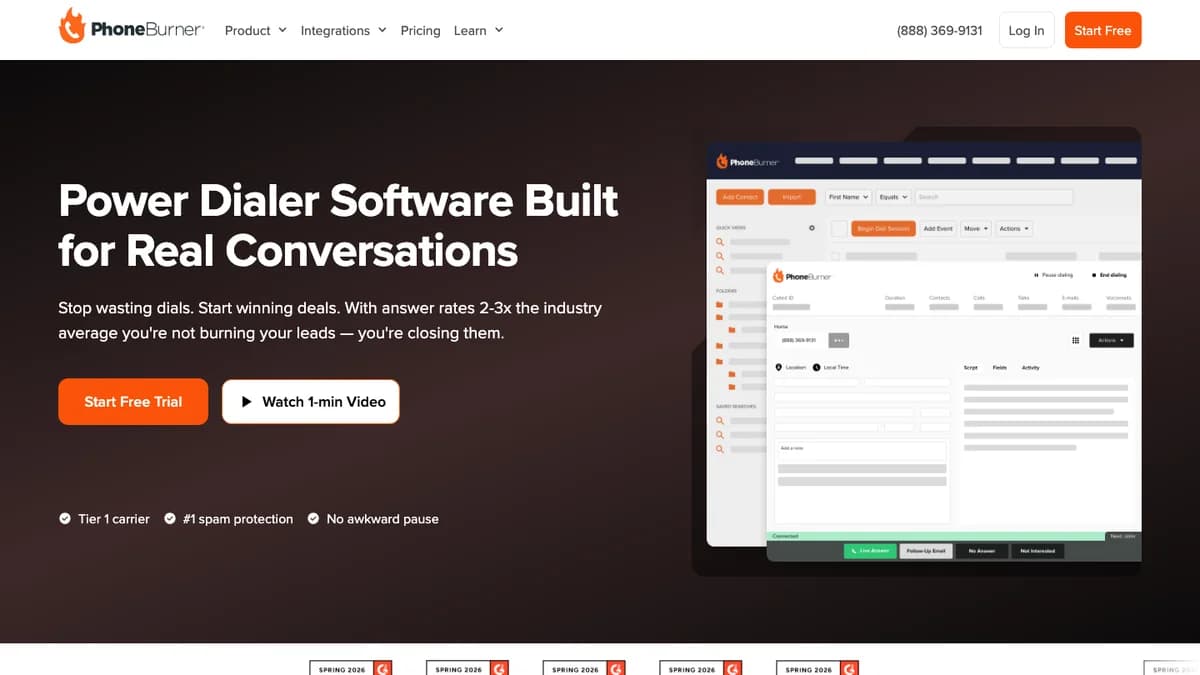PhoneBurner power dialer page showing the dial session window, Tier 1 carrier, spam protection, and no awkward pause claims, captured for this PhoneBurner review 2026
