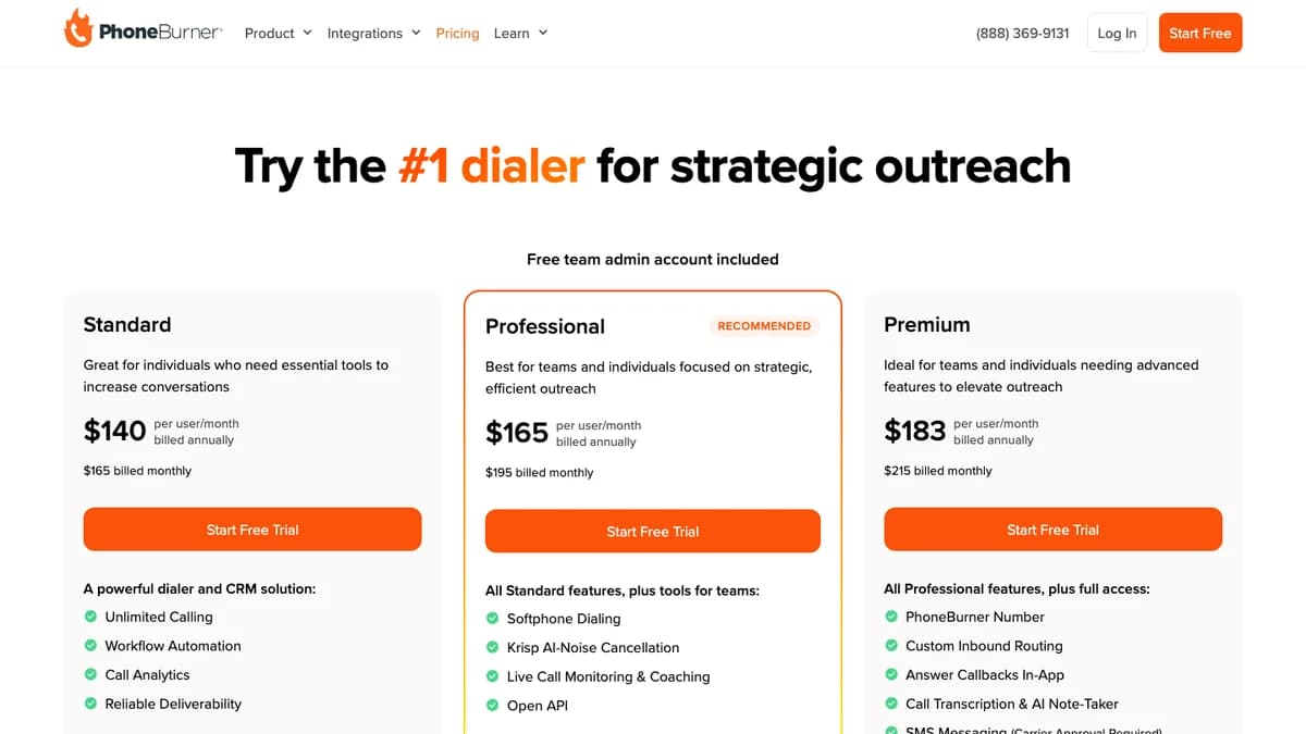 PhoneBurner pricing page showing Standard at $140, Professional at $165, and Premium at $183 per user per month billed annually, captured for this PhoneBurner review 2026