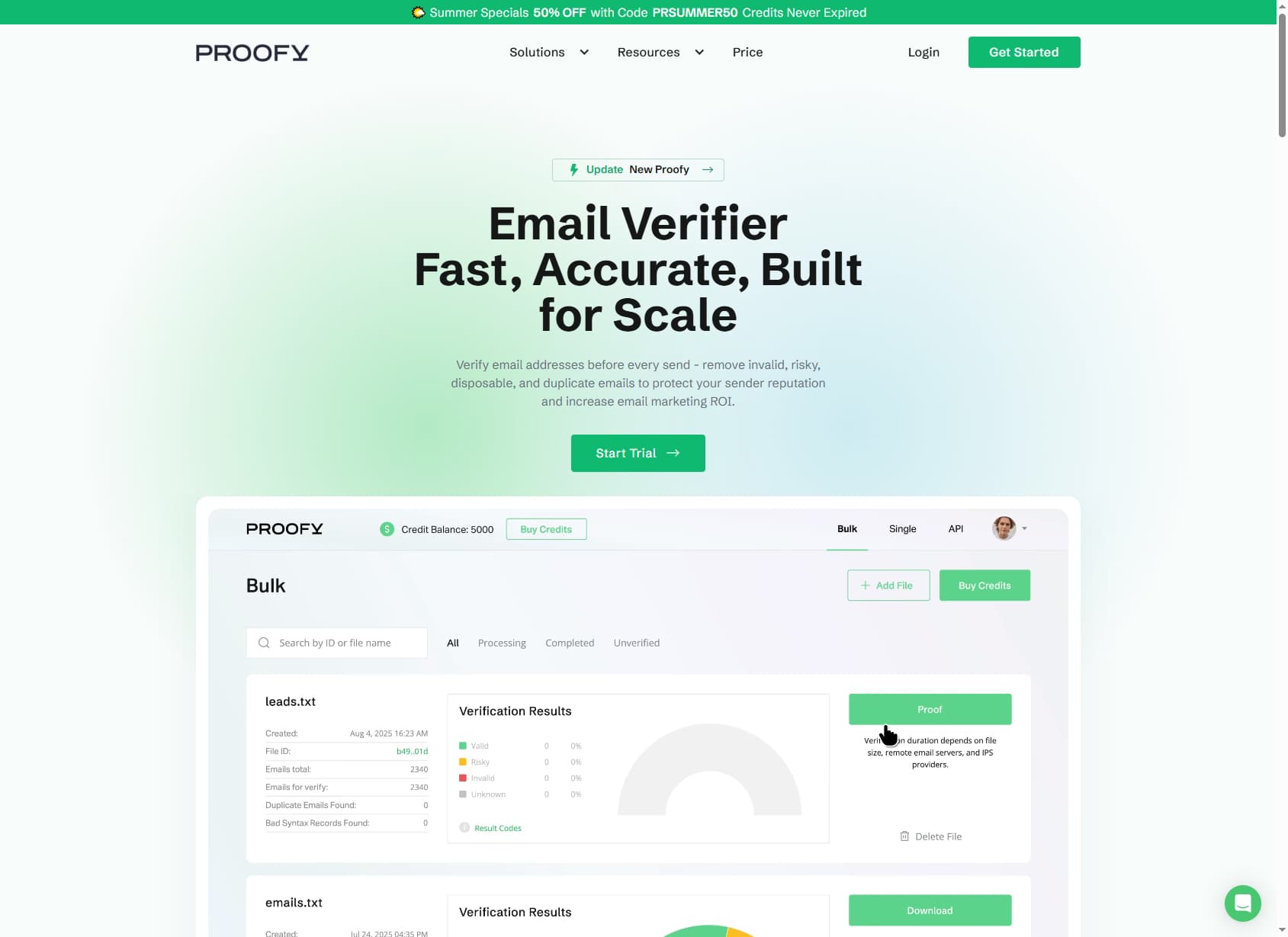 Proofy homepage — email verification platform overview 2026
