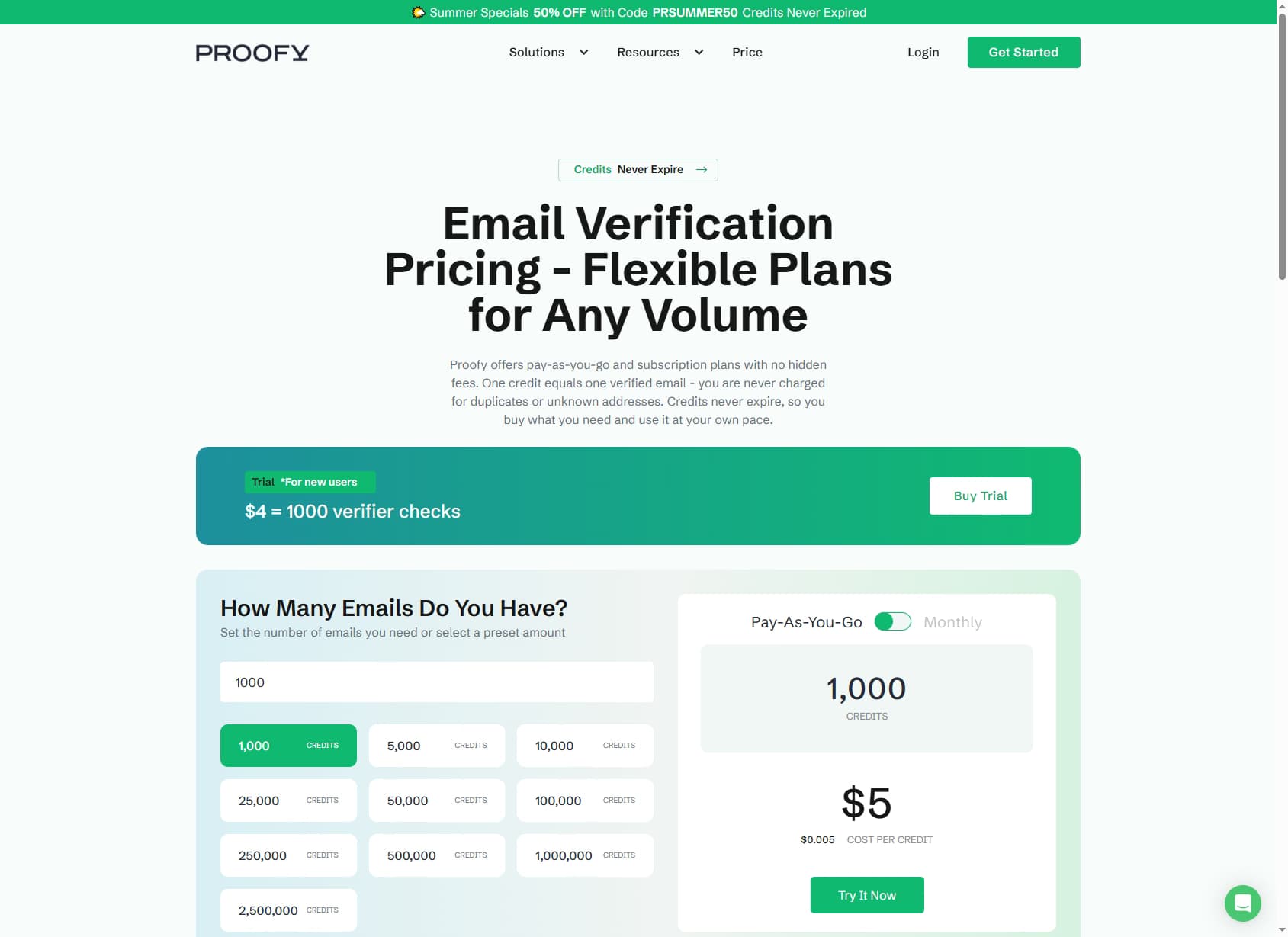 Proofy pricing page — pay-as-you-go and subscription tiers for email verification 2026