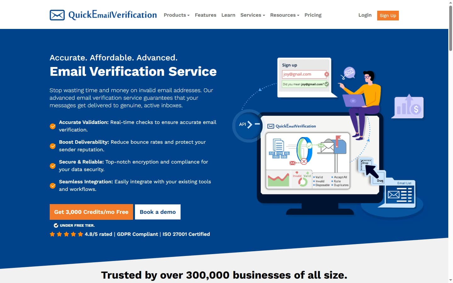 QuickEmailVerification homepage — email verification platform overview 2026