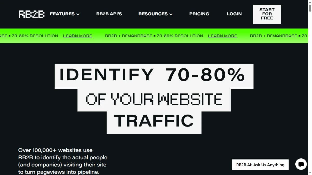 RB2B homepage -- person-level who visited my site reveal for US B2B traffic with Slack alerts