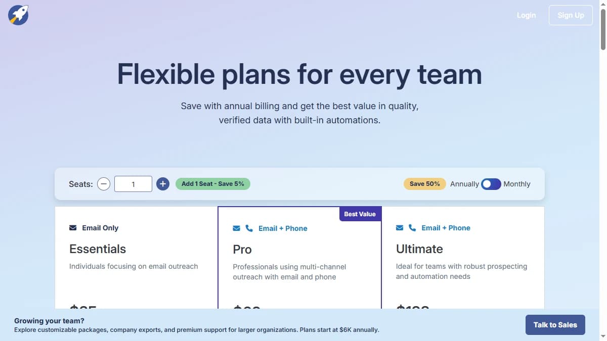 RocketReach pricing page showing Essentials, Pro, and Ultimate plans with per-lookup pricing