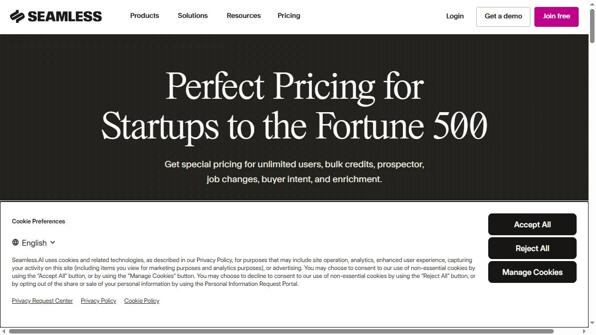 Seamless.AI pricing page showing Free, Basic, Pro, and Enterprise plans for real-time contact search