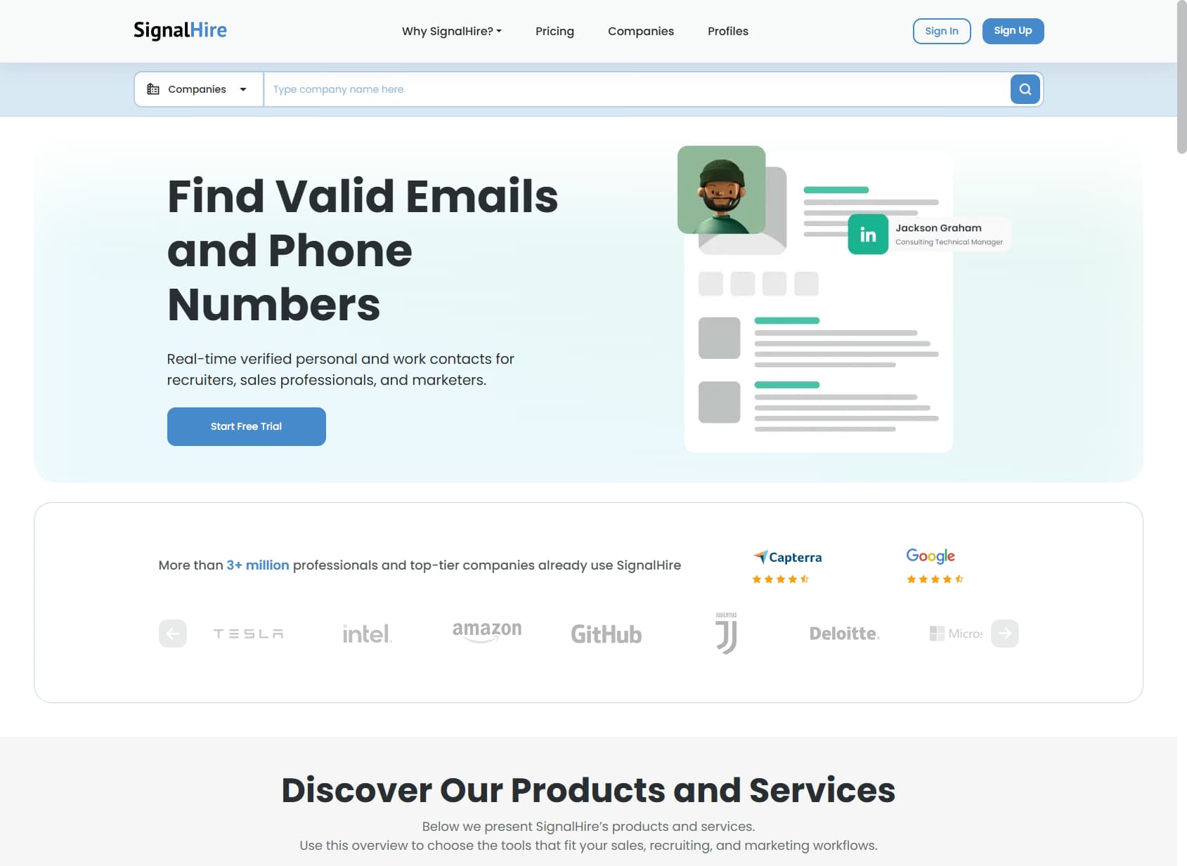 SignalHire homepage 2026 — real-time email and phone finder for recruiters and sales teams