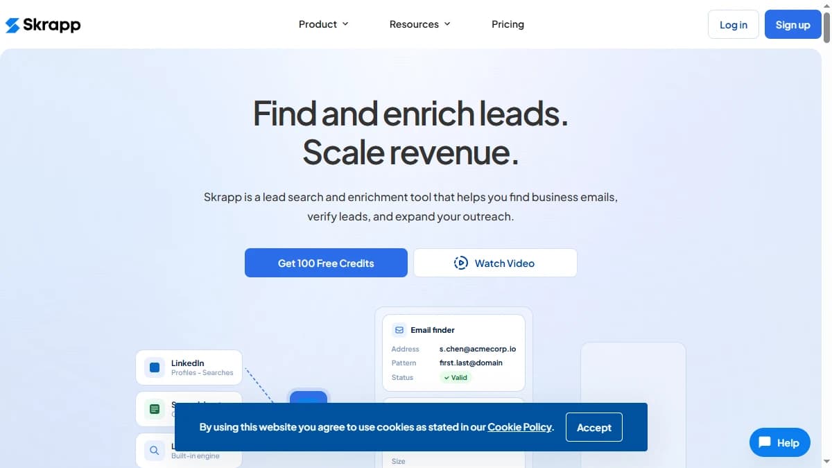 Skrapp.io homepage -- free email finder with 100 monthly credits and rollover