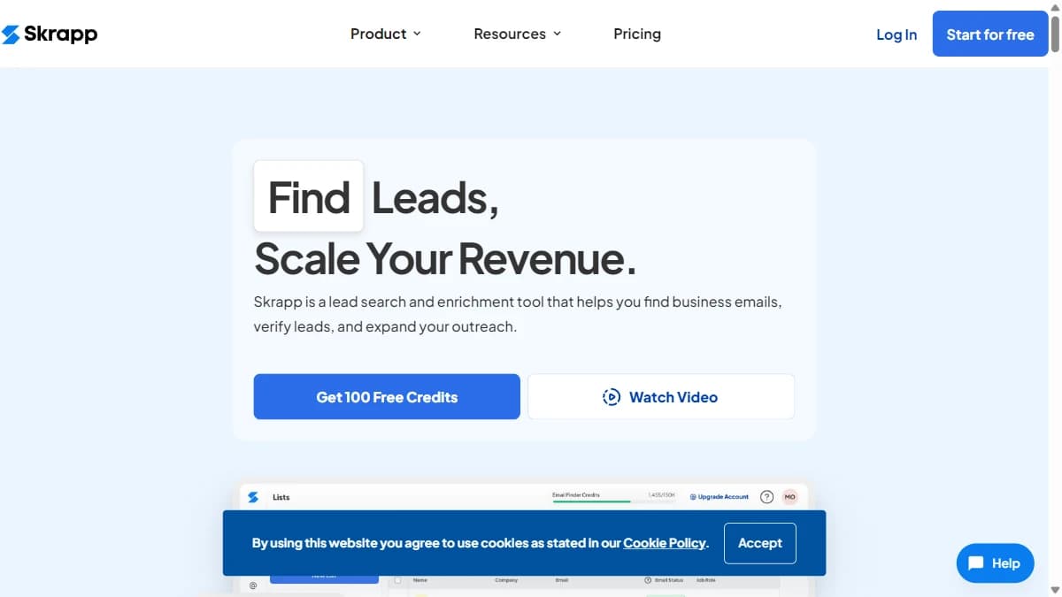 Skrapp.io homepage showing LinkedIn email finder tool