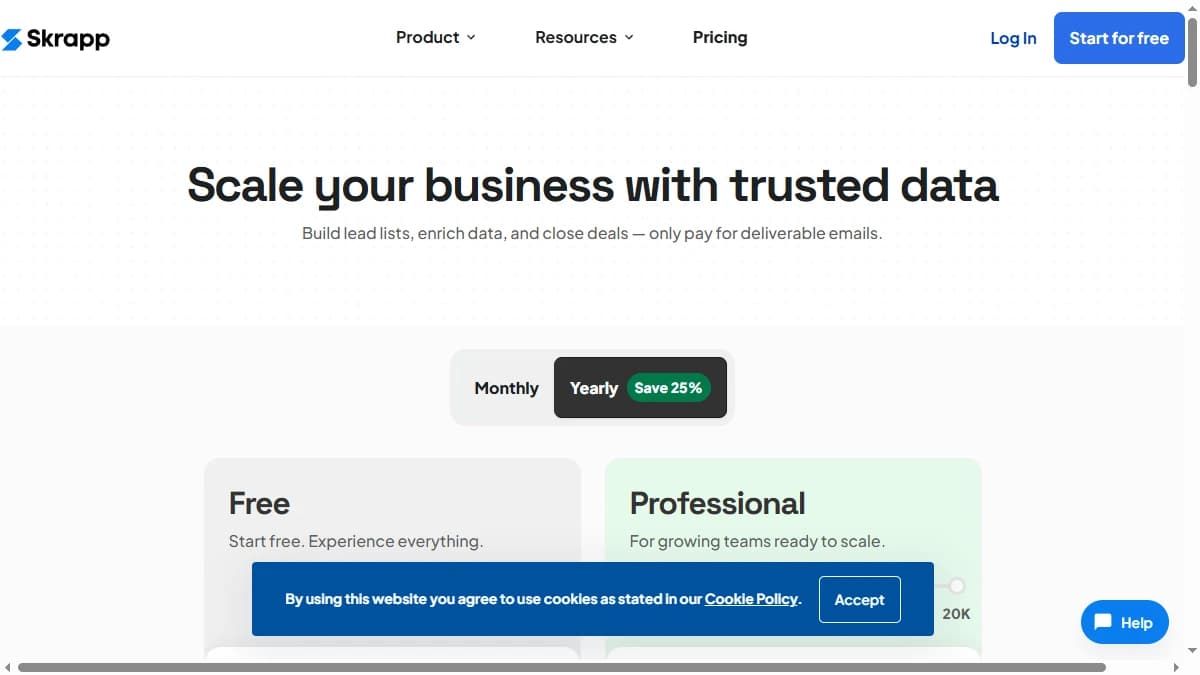 Skrapp.io pricing page showing Free, Starter, Seeker, Enterprise, and Global plans