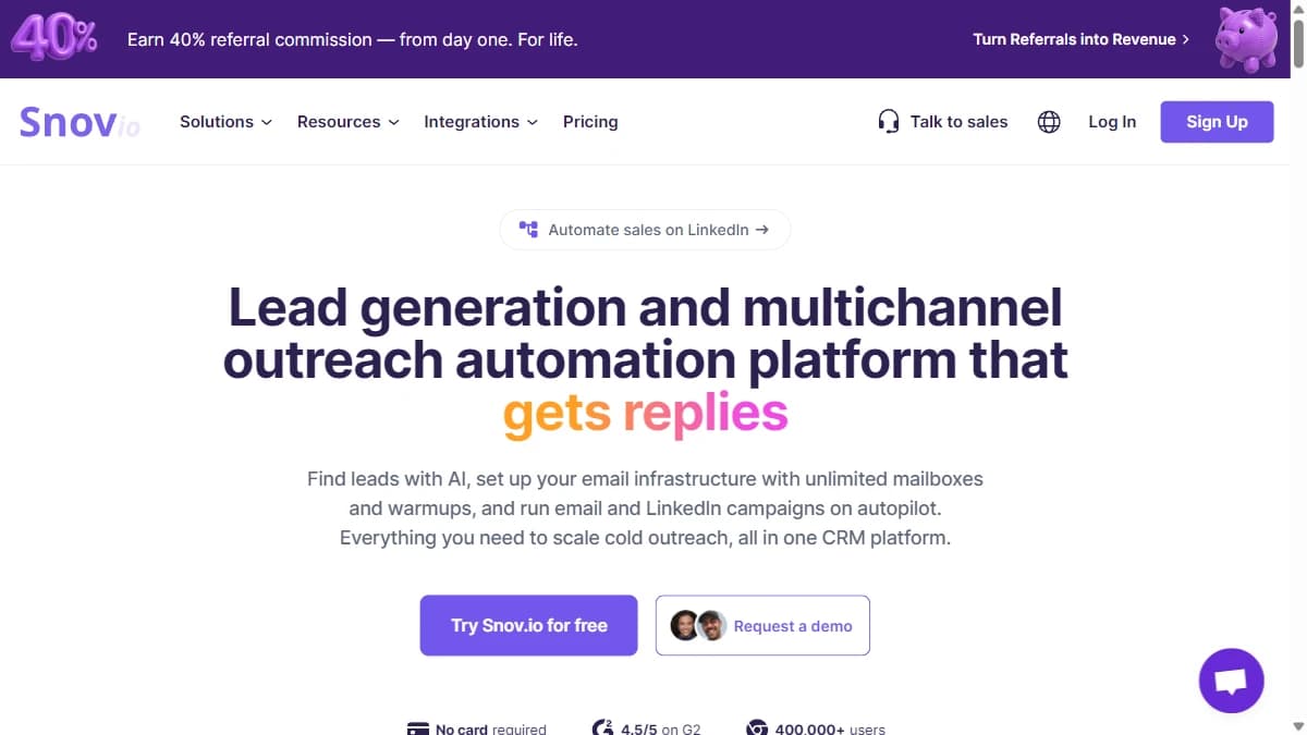 Snov.io homepage — email finder and cold email platform as FindThatLead alternative