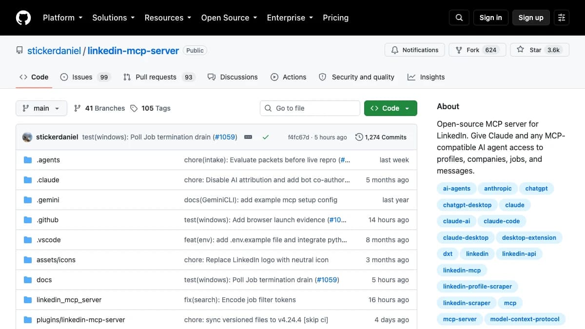 stickerdaniel/linkedin-mcp-server - Developers comfortable self-hosting who need logged-in-only data and accept the account risk