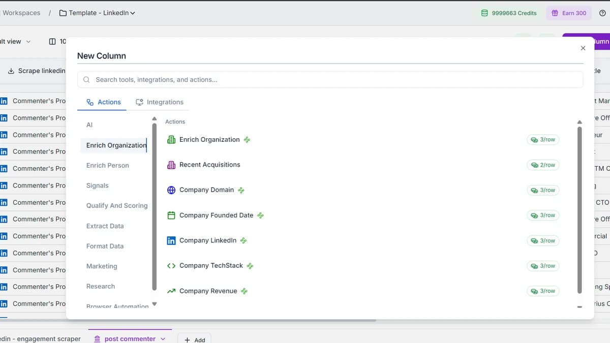 SyncGTM workspace showing the New Column panel with enrichment actions including Enrich Organization, Company TechStack, and Company Revenue applied to a LinkedIn prospect list