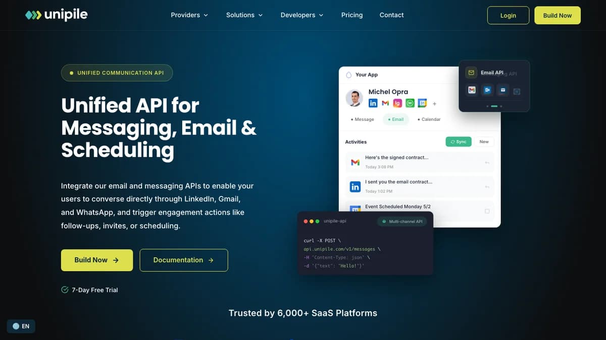 Unipile homepage with the Unified API for Messaging, Email and Scheduling headline and 7-day free trial, captured for this Unipile review 2026