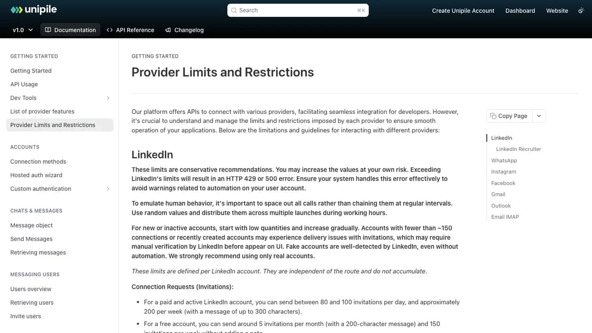 Unipile developer docs Provider Limits and Restrictions page with LinkedIn invitation limits of 80 to 100 per day, Unipile review 2026