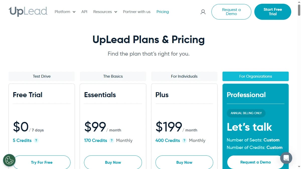 UpLead pricing page showing Essentials, Plus, and Professional plans with credit allocations