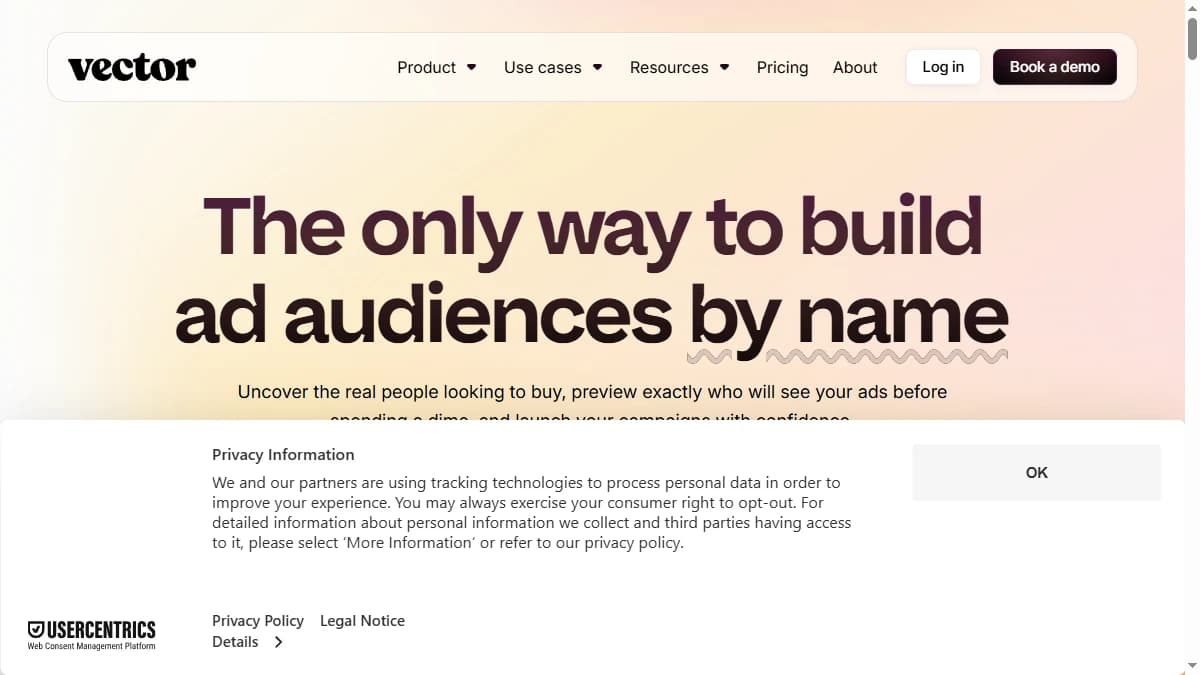 Vector AI signal intelligence homepage — Factors.ai alternative that syncs identified visitors into ad audiences