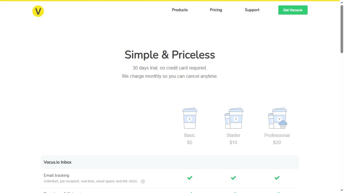 Vocus.io pricing page 2026 — Basic, Starter, Professional, and Growth plans from $5/month