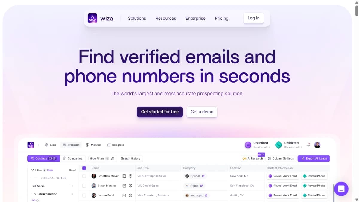Wiza homepage showing Sales Navigator email scraper and contact export