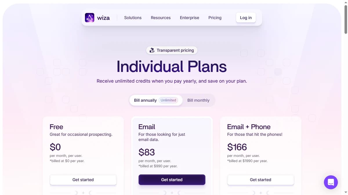 Wiza pricing page showing Starter, Email, and Email plus Phone plans for LinkedIn contact export