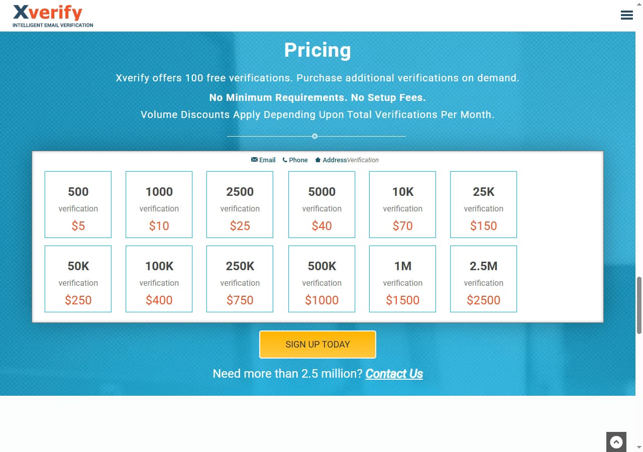 Xverify pricing page 2026 — pay-as-you-go email, phone, and address verification tiers