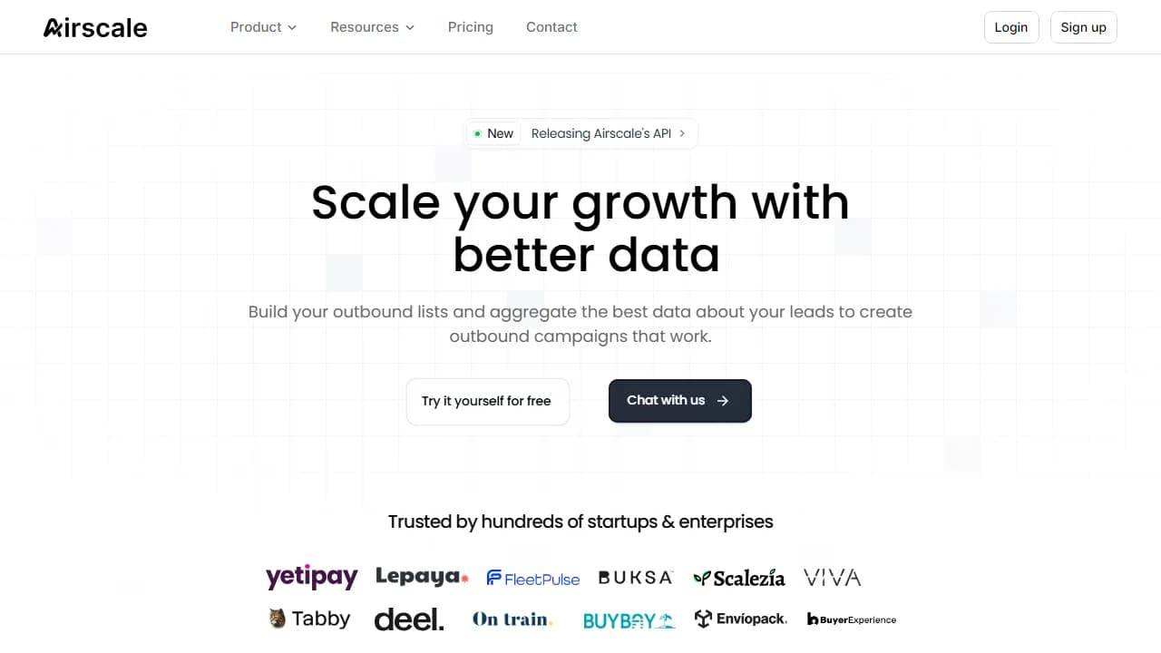 Airscale homepage showing lead sourcing and data enrichment platform interface
