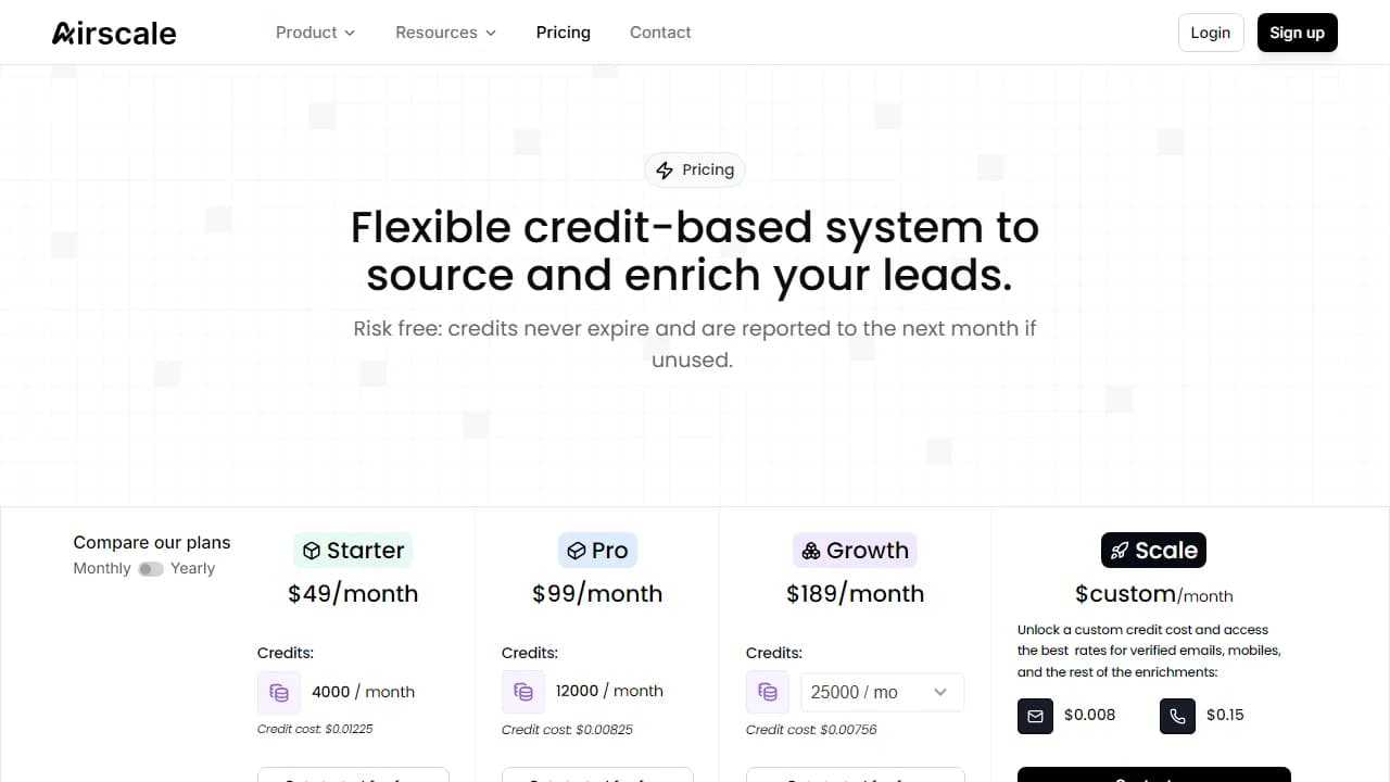 Airscale pricing page showing Starter, Scale, and Growth plans with credit allocations