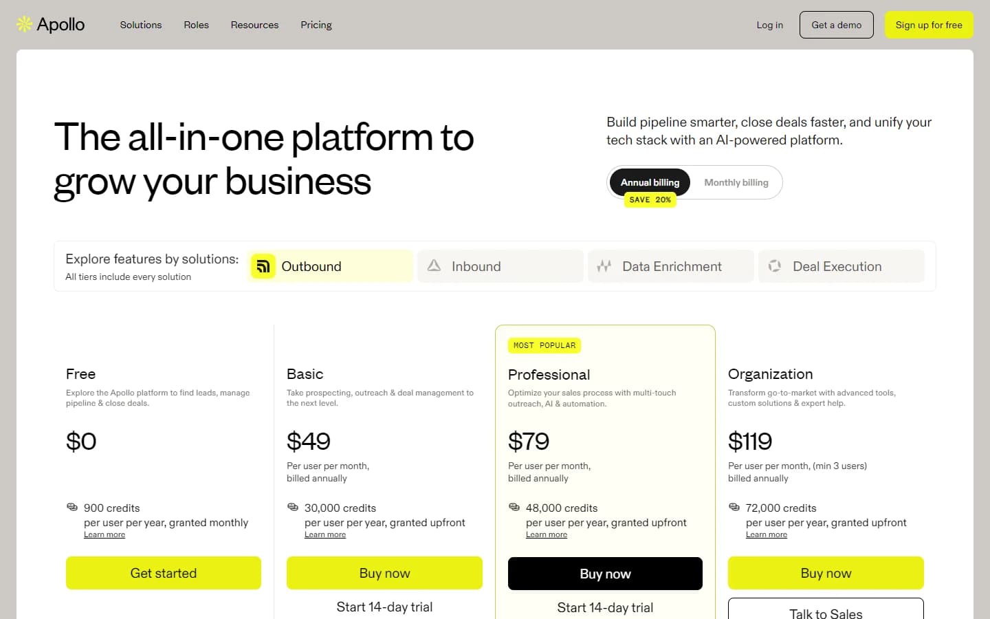 Apollo.io pricing page showing Free, Basic, Professional, and Organization plans in 2026