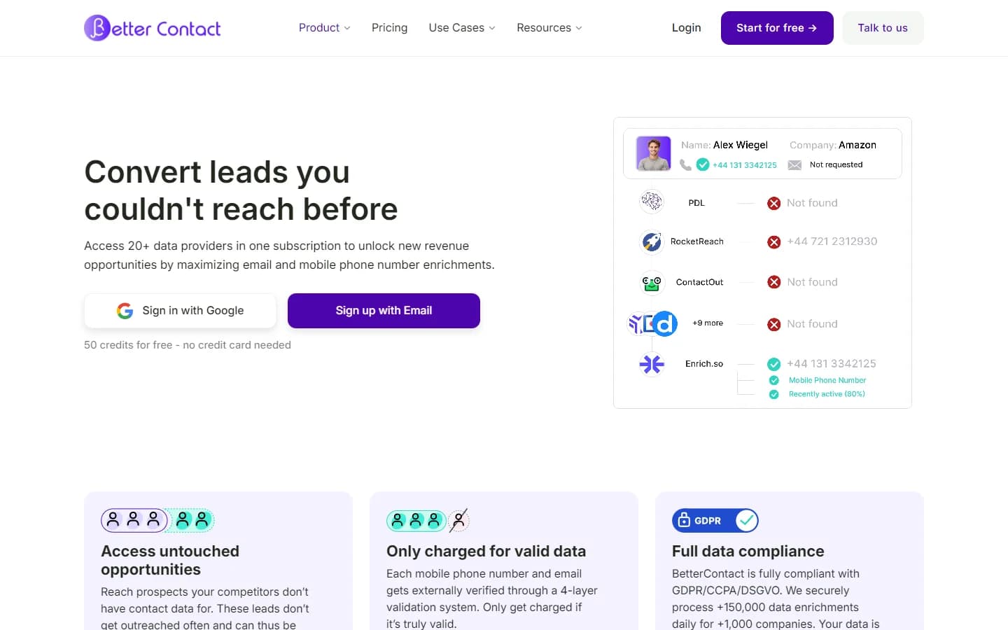 BetterContact homepage showing waterfall enrichment across 20+ data providers
