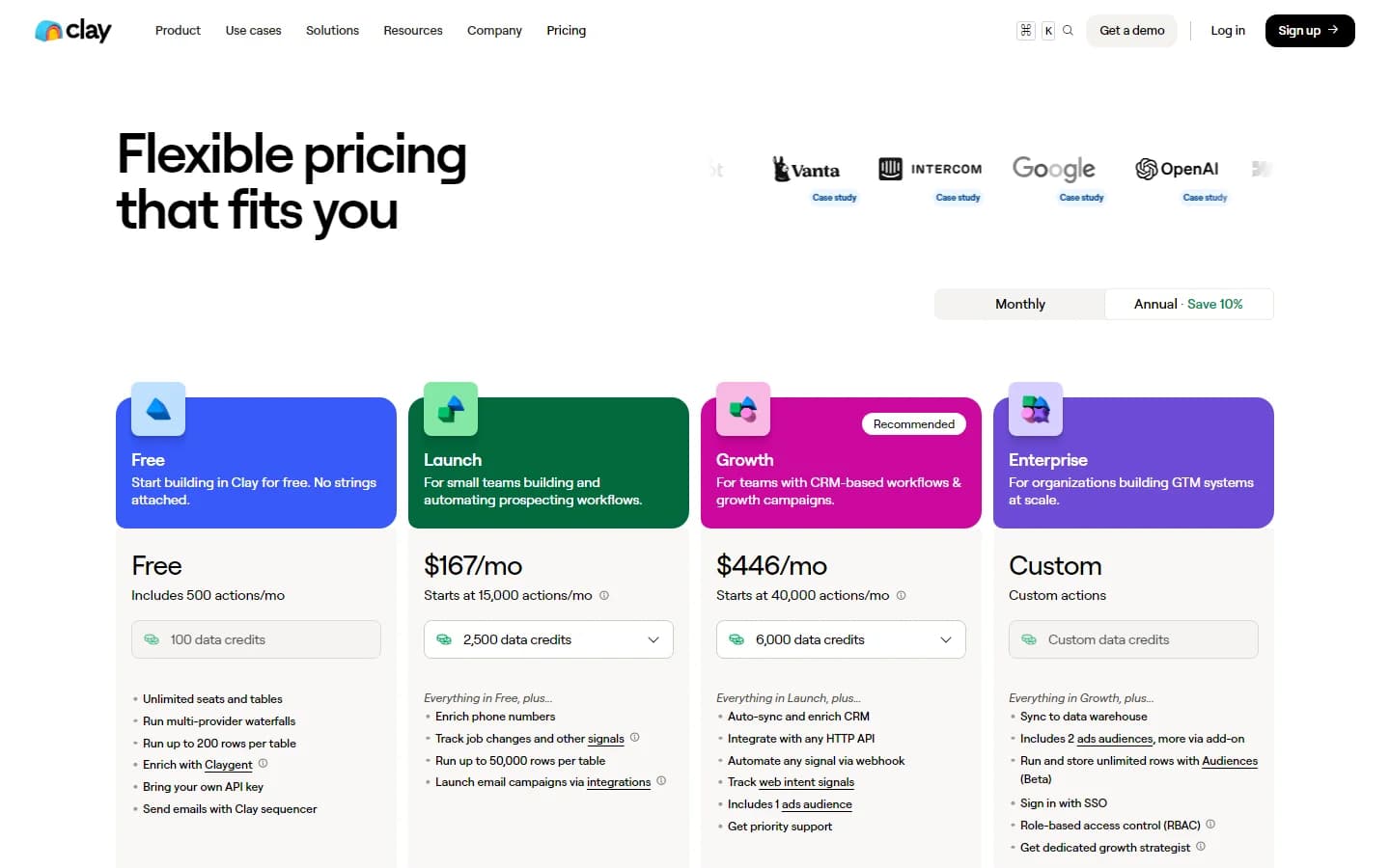 Clay review 2026 — pricing page showing Free, Launch, Growth, and Enterprise tiers