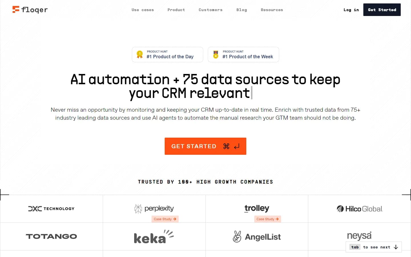 Floqer homepage showing AI automation and 75 data sources for CRM enrichment