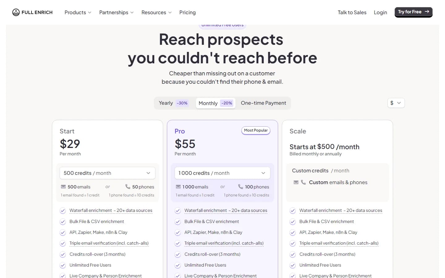 FullEnrich pricing page showing Starter, Pro, and Growth plans with credit-based pricing in 2026