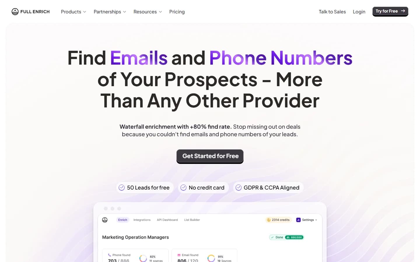 FullEnrich waterfall enrichment platform homepage showing the multi-provider enrichment workflow
