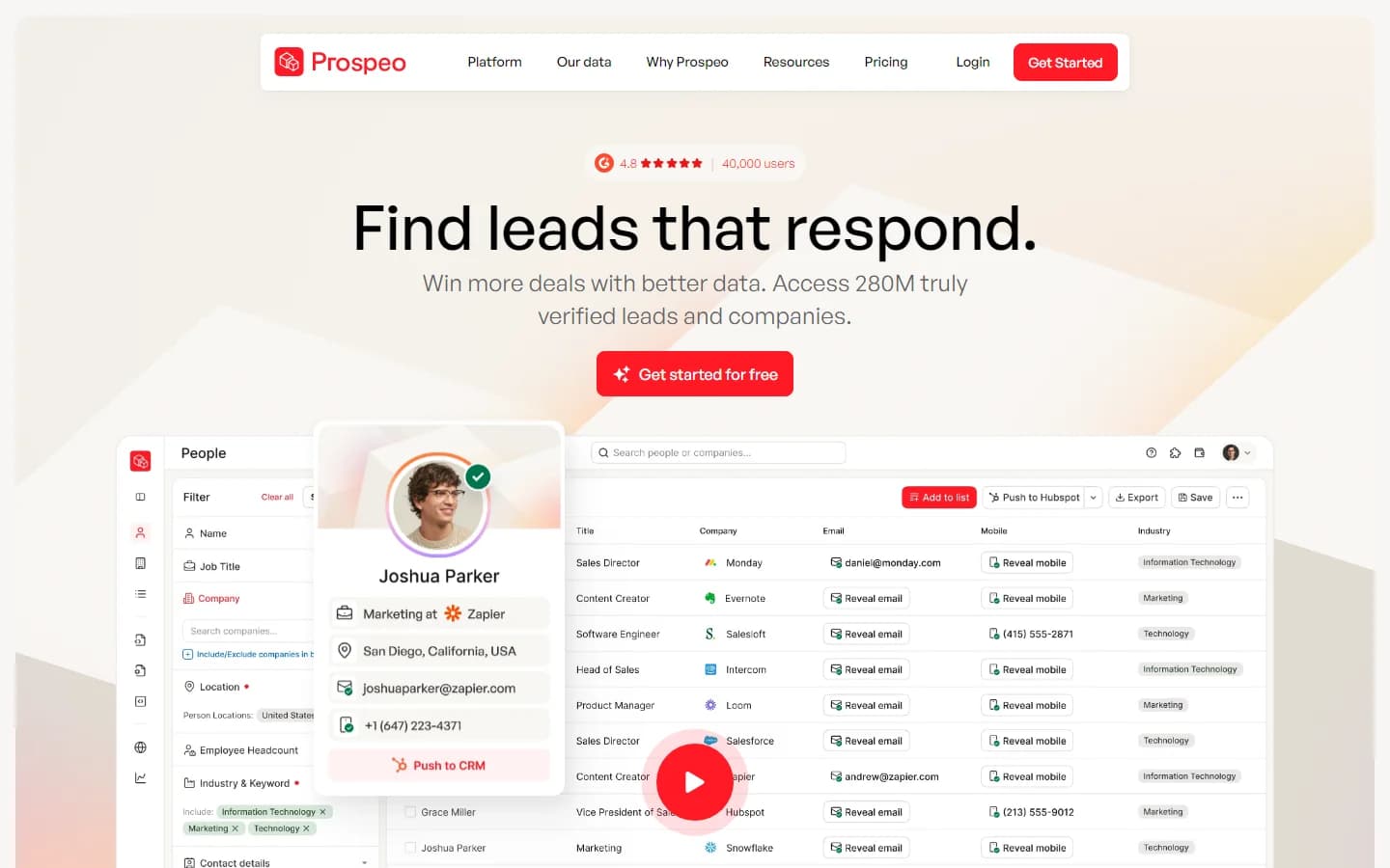 Prospeo review 2026 — homepage showing email finder and Chrome extension features