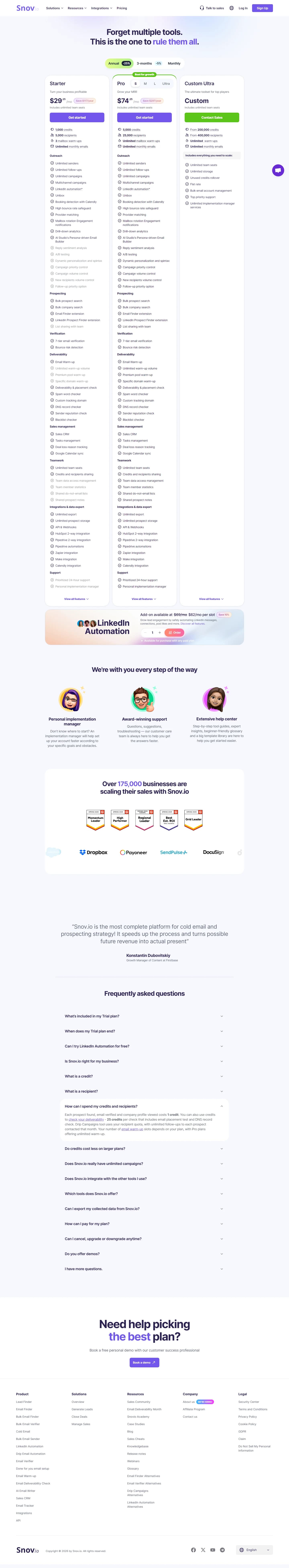 Snov.io pricing page showing Trial, Starter, Pro, and Custom Ultra plans in 2026